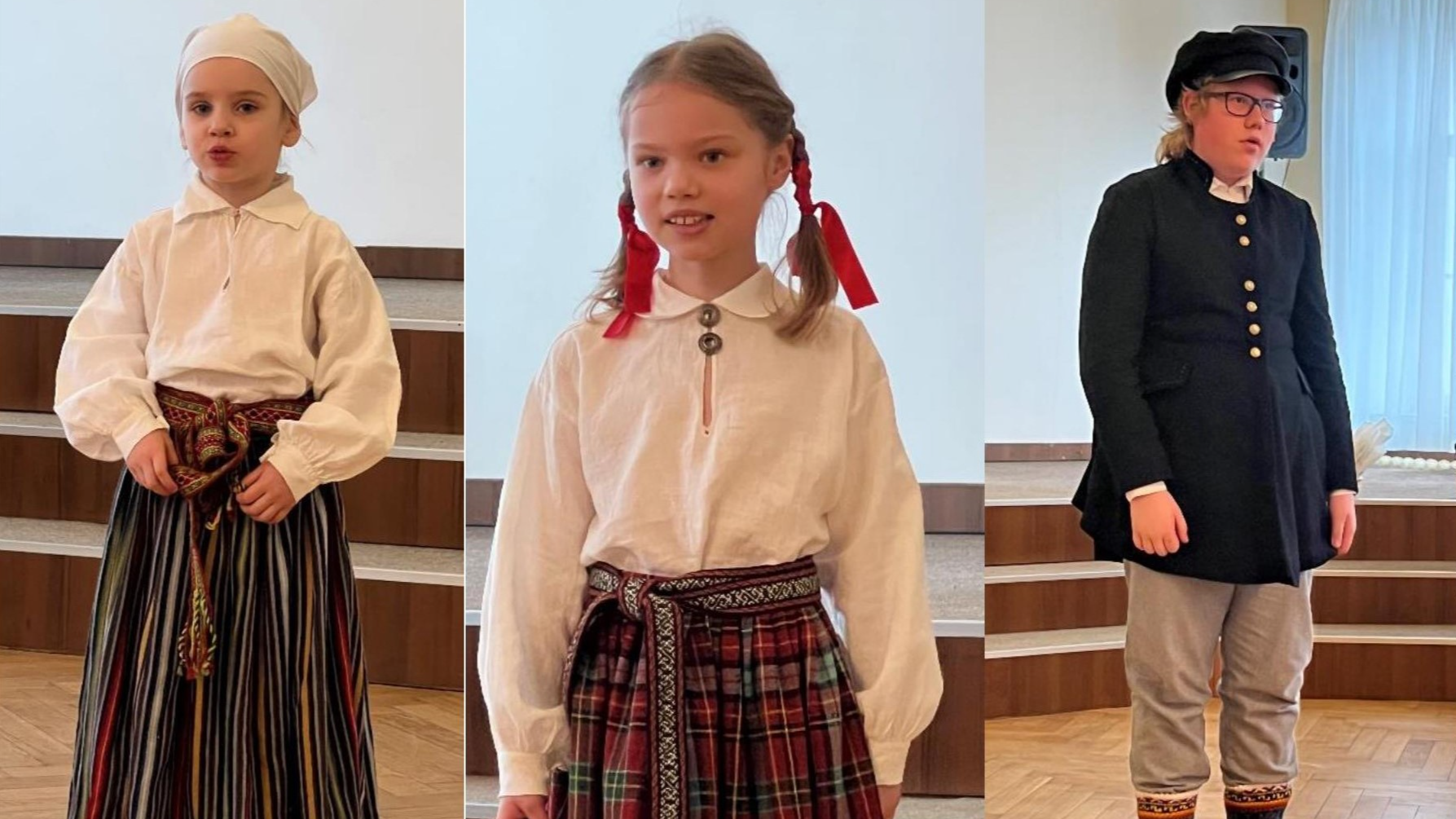 Konkursa dalībnieki latviešu tautas tērpos izpilda dziemas no folkloras pūra
