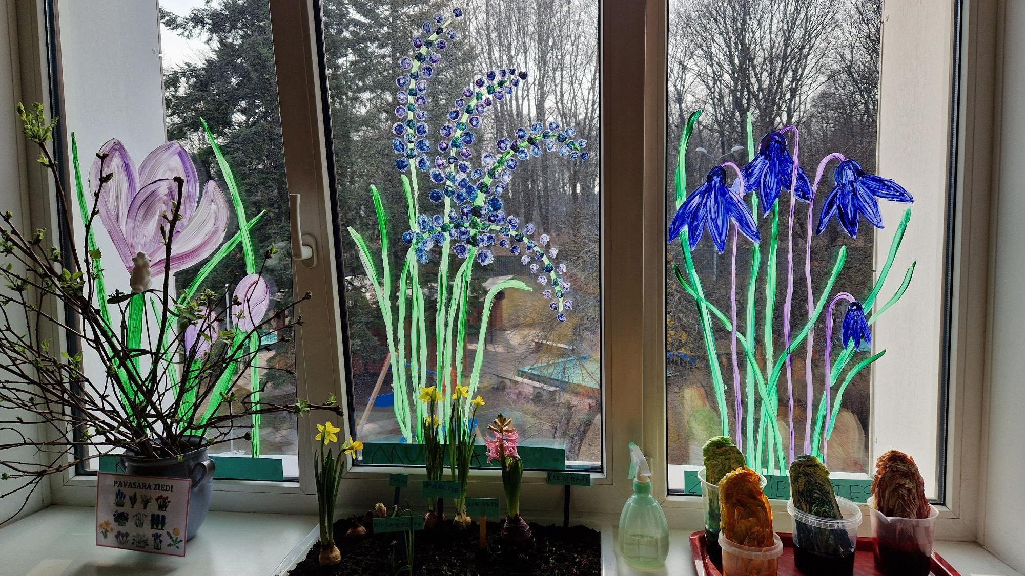 Gaidot pavasari, bērnudārza logs izkrāsots ar ziedu motīviem