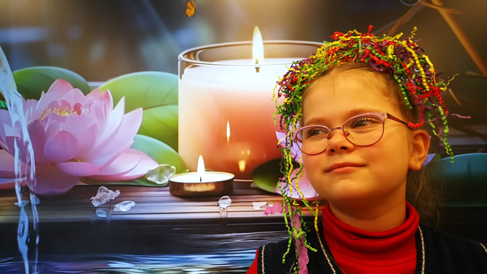 Meitene ar pašas darinātu gofrēta papīra sloksnīšu vainagu uz lotosa ziedu un sveču fototapetes fona