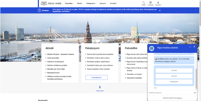 Ekrānšāviņš no tīmekļvietnes riga.lv ar iespēju uzdot jautājumus Rīgas virtuālam asistentam 