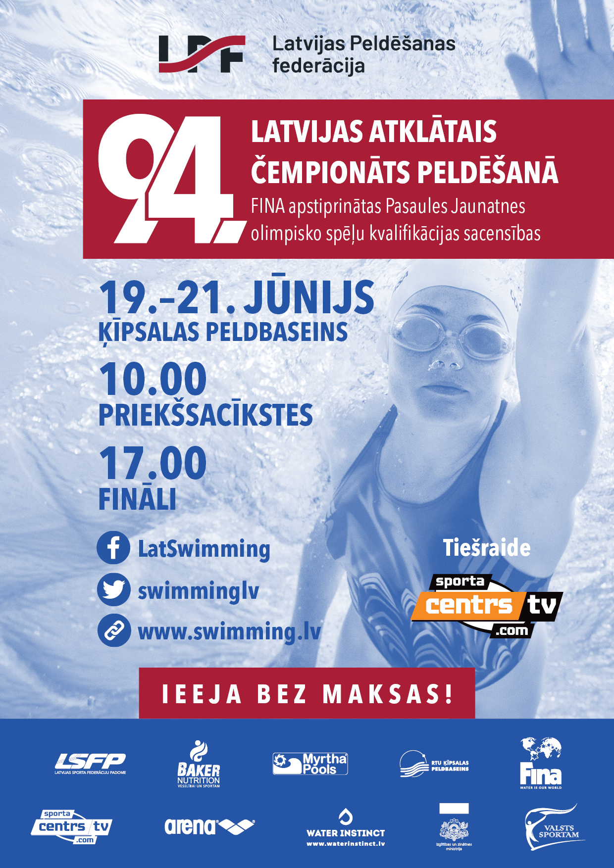Notiks 94. Latvijas atklātais čempionāts peldēšanā